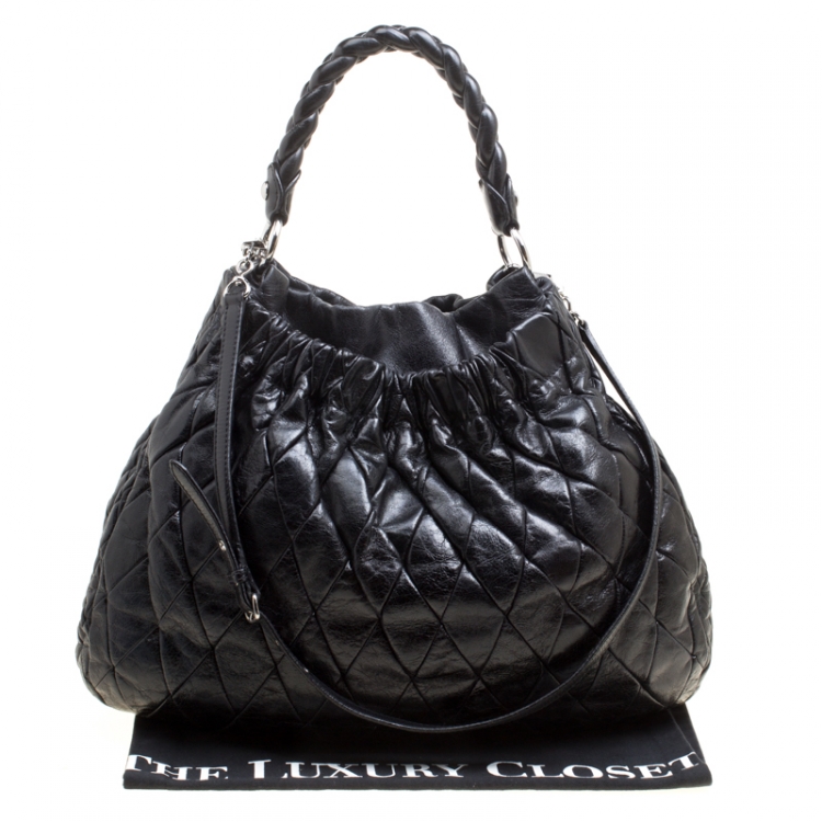 Pre Owned Miu Miu Black Glazed Quilted Leather Large Harlequin Hobo