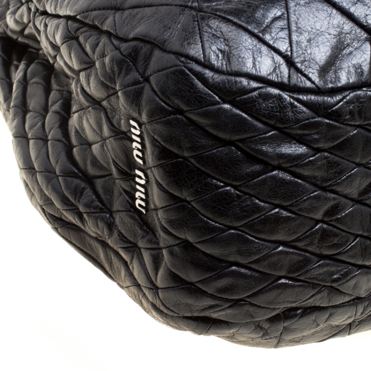 Pre Owned Miu Miu Black Glazed Quilted Leather Large Harlequin Hobo