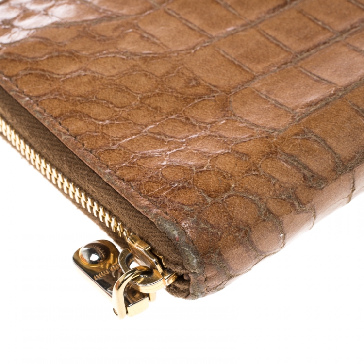 Pre Owned Miu Miu Brown Croc Embossed Leather Zip Around Wallet