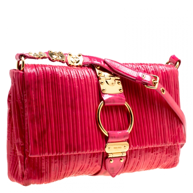 Pre Owned Miu Miu Fuchsia Pleated Patent Leather Shoulder Bag