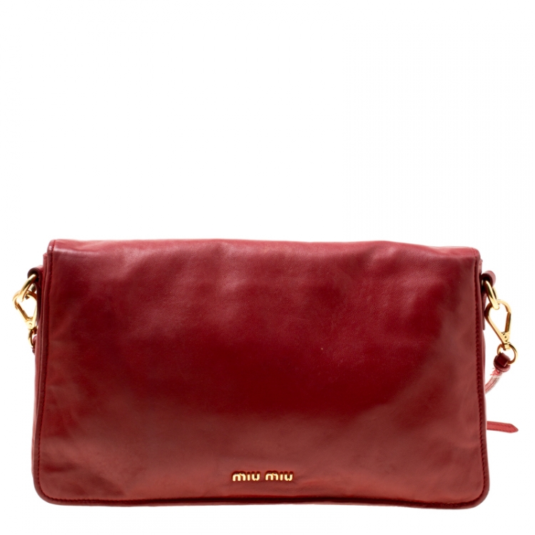 Pre Owned Miu Miu Red Leather Turnlock Crossbody Bag