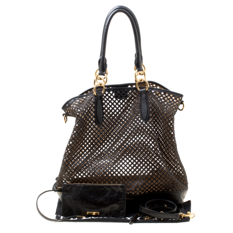 Pre Owned Miu Miu Black Perforated Leather Top Handle Bag