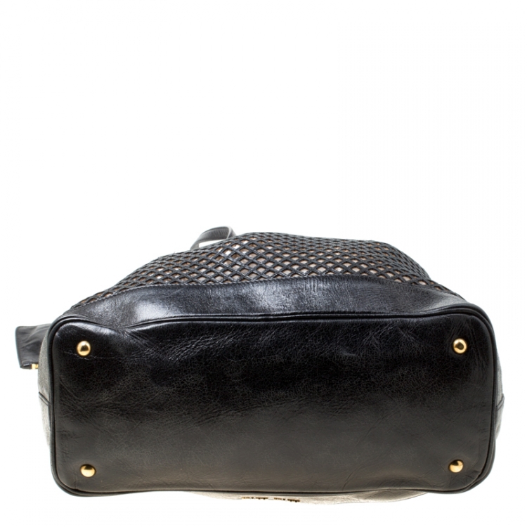 Pre Owned Miu Miu Black Perforated Leather Top Handle Bag