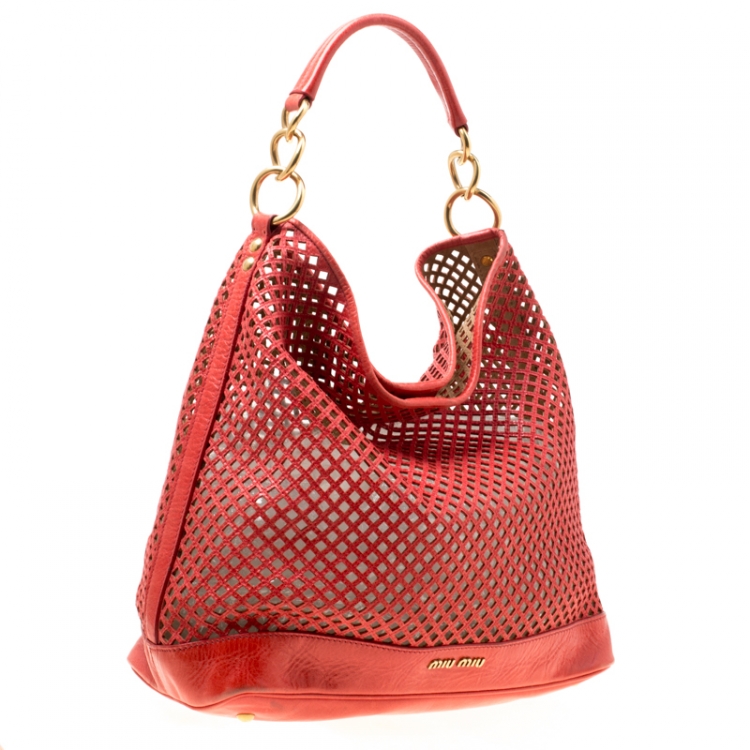 Pre Owned Miu Miu Red Perforated Leather Top Handle Bag