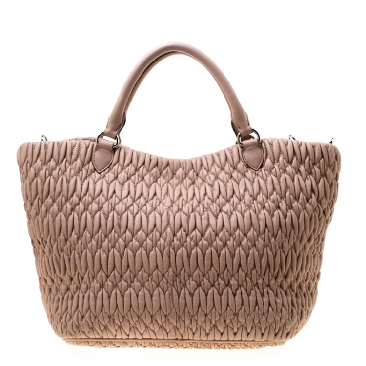 Pre Owned Miu Miu Pink Matelasse Nappa Leather Crystal Tote