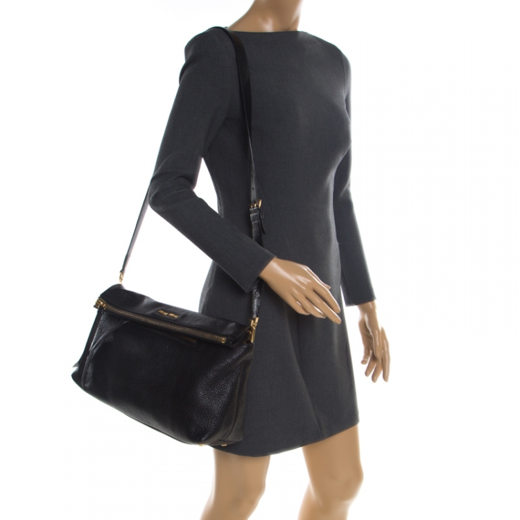 Pre Owned Miu Miu Black Leather Foldover Crossbody Bag 
