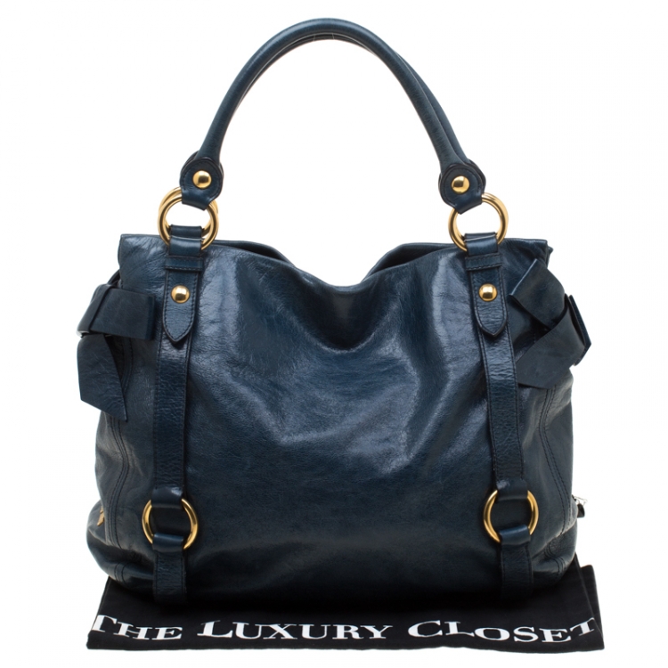 Pre Owned Miu Miu Blue Leather Bow Tote