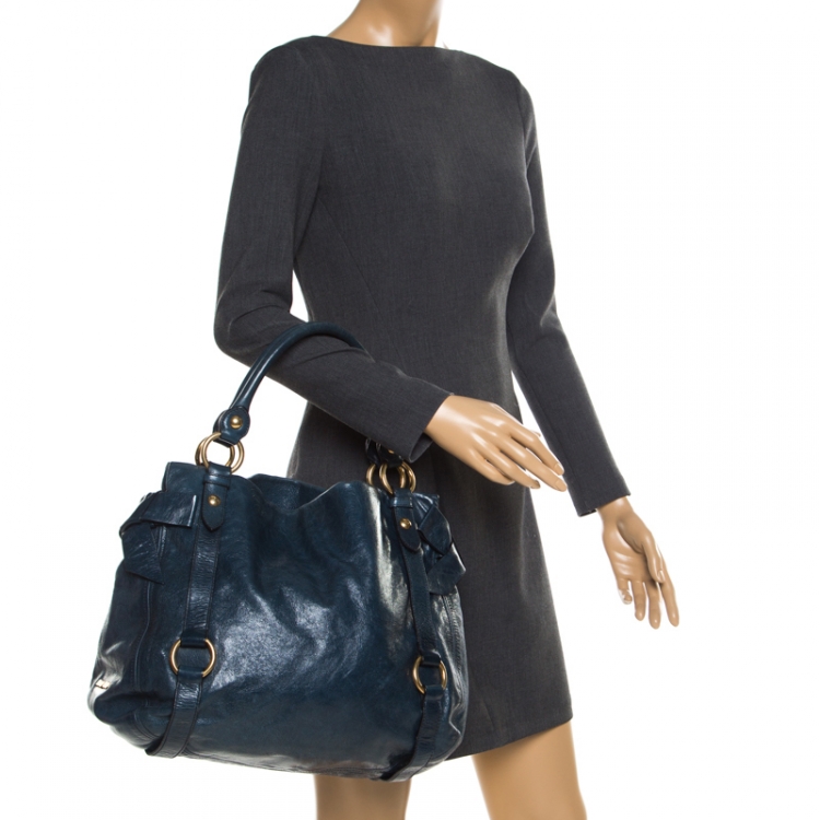 Pre Owned Miu Miu Blue Leather Bow Tote