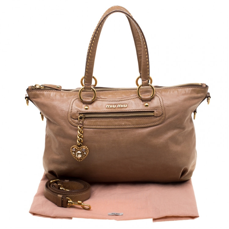 Pre Owned Miu Miu Beige Leather Studded Heart Charm Top Handle Bag