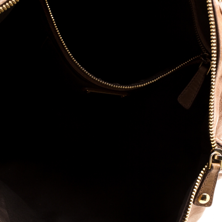 Pre Owned Miu Miu Beige Leather Studded Heart Charm Top Handle Bag