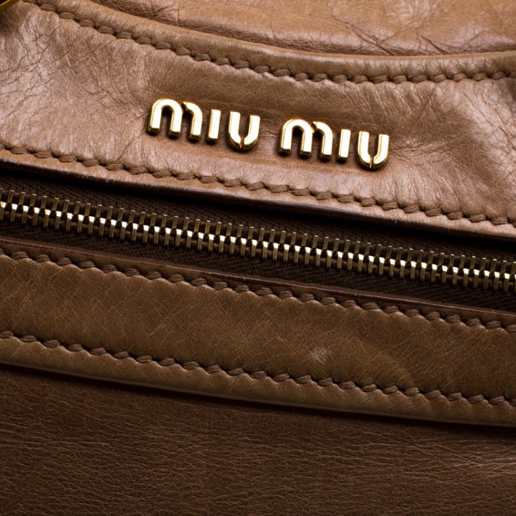 Pre Owned Miu Miu Beige Leather Studded Heart Charm Top Handle Bag
