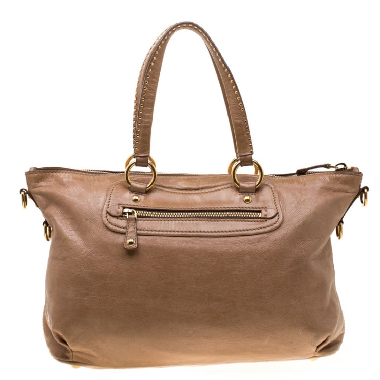 Pre Owned Miu Miu Beige Leather Studded Heart Charm Top Handle Bag