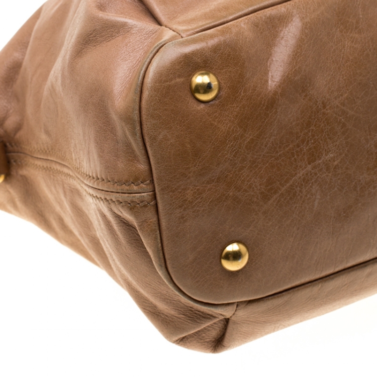 Pre Owned Miu Miu Beige Leather Studded Heart Charm Top Handle Bag