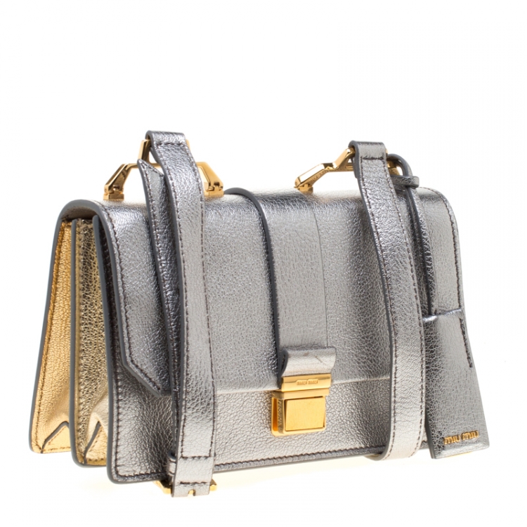 Pre Owned Miu Miu Silver/Gold Leather Madras Crossbody Bag