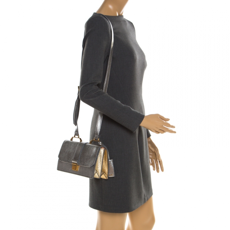 Pre Owned Miu Miu Silver/Gold Leather Madras Crossbody Bag
