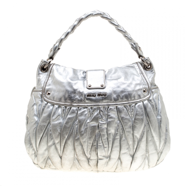 Pre Owned Miu Miu Silver Matelasse Leather Coffer Hobo