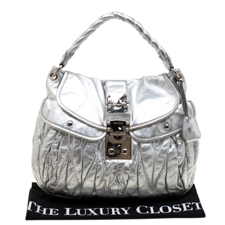Pre Owned Miu Miu Silver Matelasse Leather Coffer Hobo