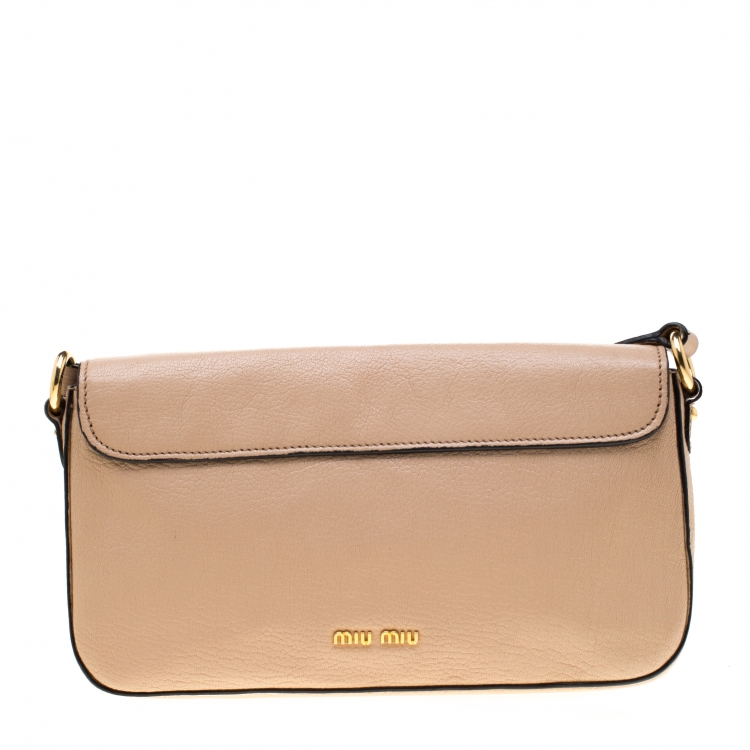 Pre Owned Miu Miu Beige Leather Flap Crossbody Bag