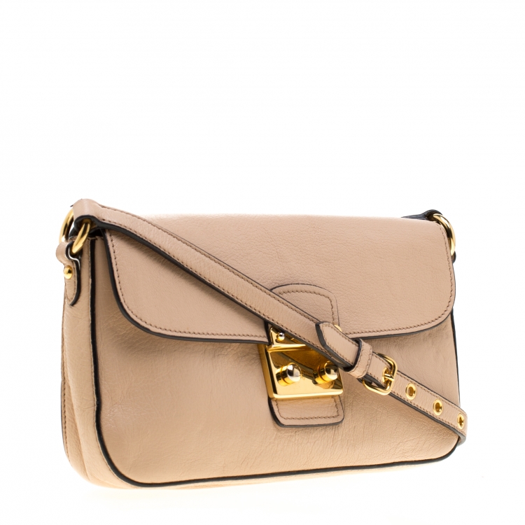 Pre Owned Miu Miu Beige Leather Flap Crossbody Bag