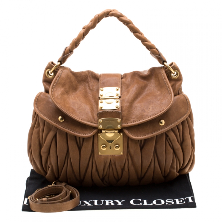Pre Owned Miu Miu Brown Matelasse Leather Coffer Hobo
