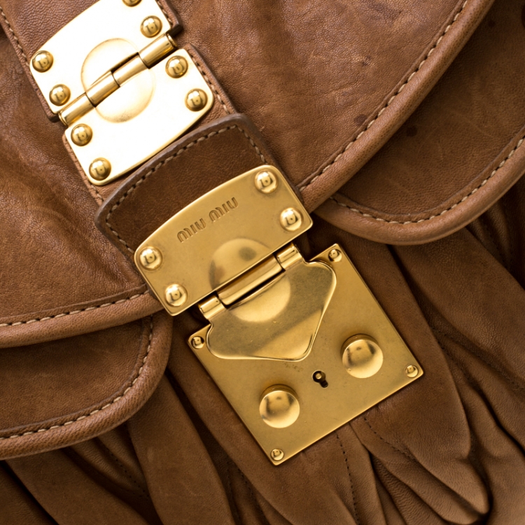 Pre Owned Miu Miu Brown Matelasse Leather Coffer Hobo