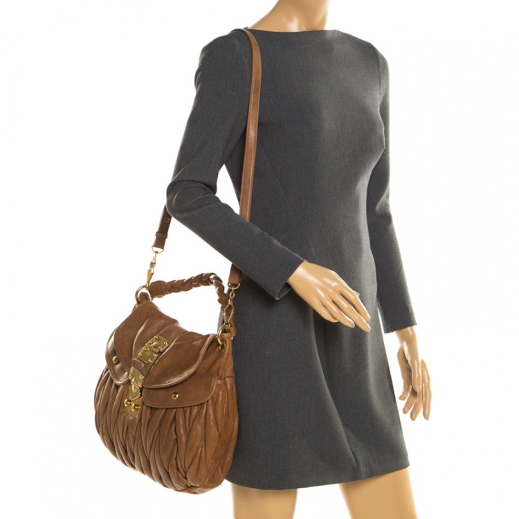Pre Owned Miu Miu Brown Matelasse Leather Coffer Hobo