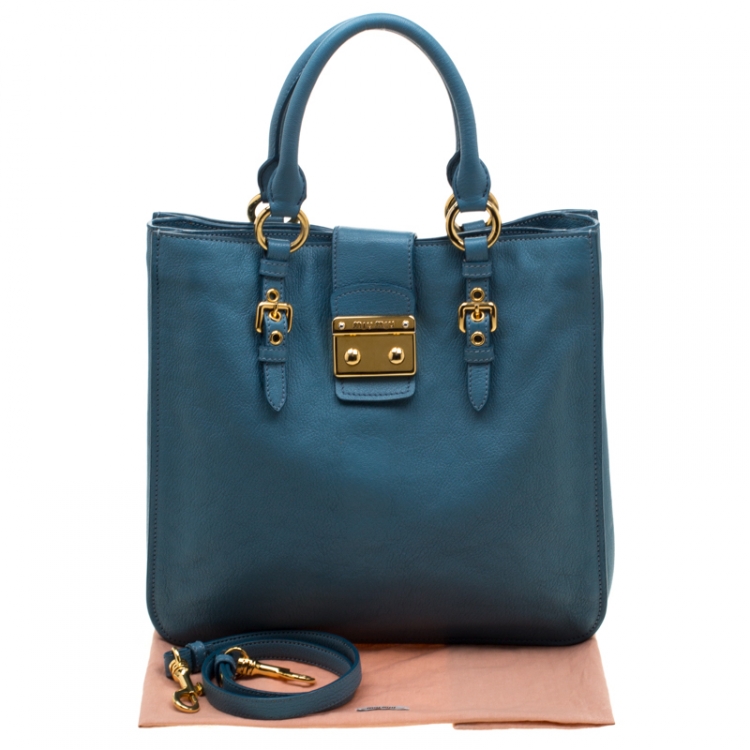 Pre Owned Miu Miu Blue Leather Large Madras Tote 