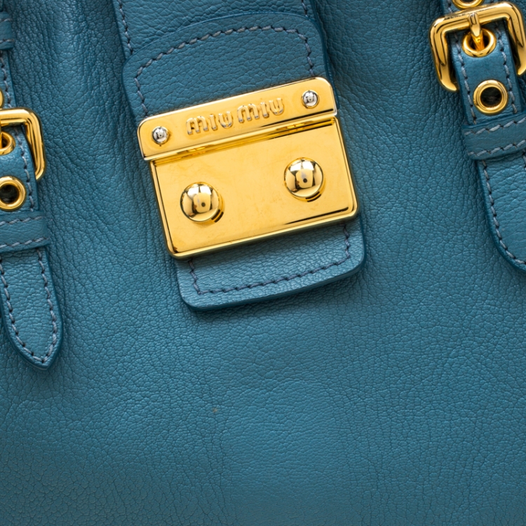 Pre Owned Miu Miu Blue Leather Large Madras Tote 