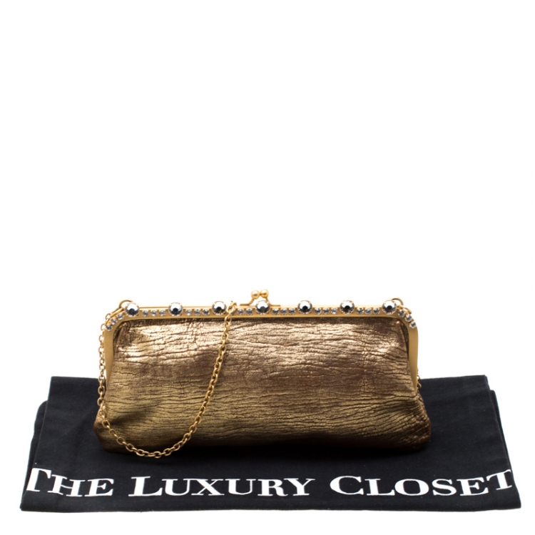 Pre Owned Miu Miu Gold Crystal Leather Chain Clutch Bag