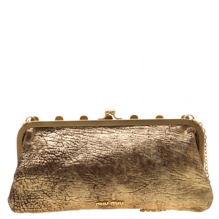 Pre Owned Miu Miu Gold Crystal Leather Chain Clutch Bag