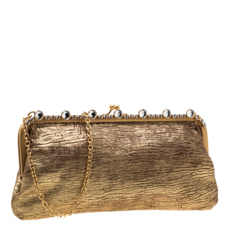 Pre Owned Miu Miu Gold Crystal Leather Chain Clutch Bag