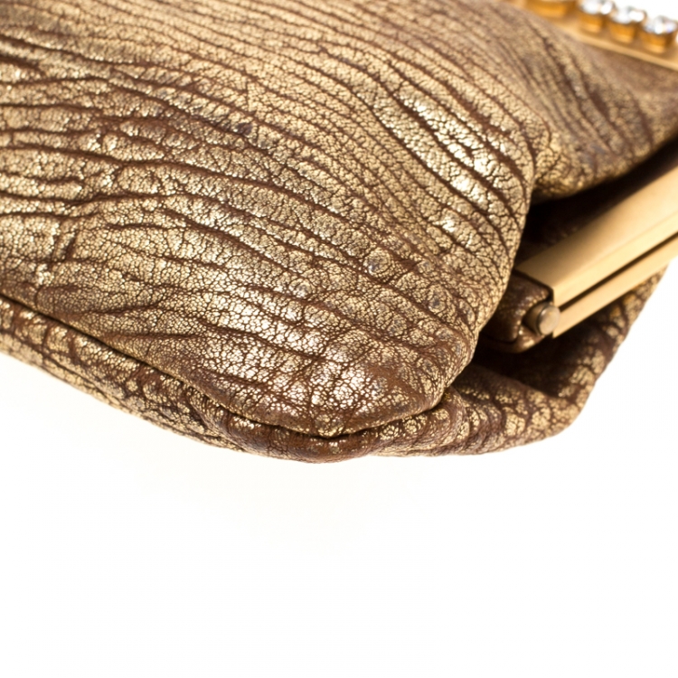 Pre Owned Miu Miu Gold Crystal Leather Chain Clutch Bag