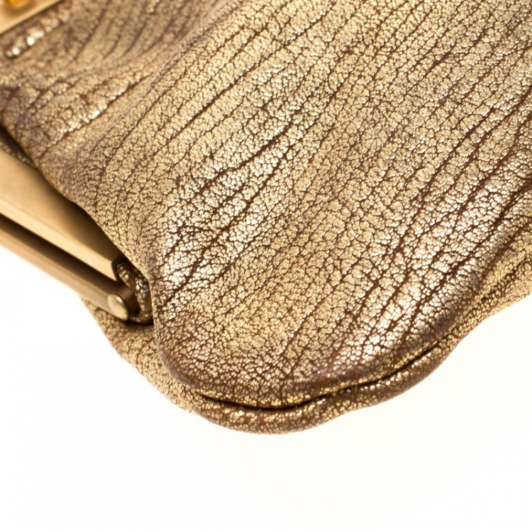 Pre Owned Miu Miu Gold Crystal Leather Chain Clutch Bag