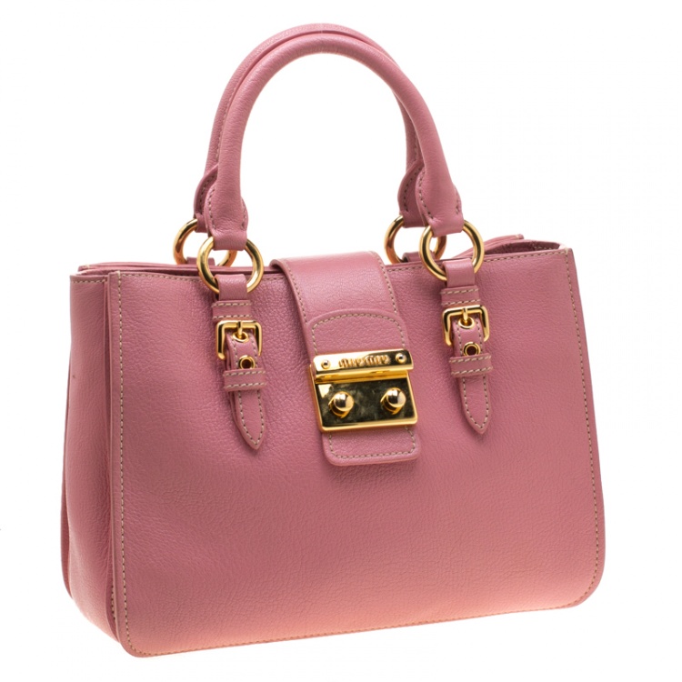 Pre Owned Miu Miu Pink Leather Medium Madras Tote