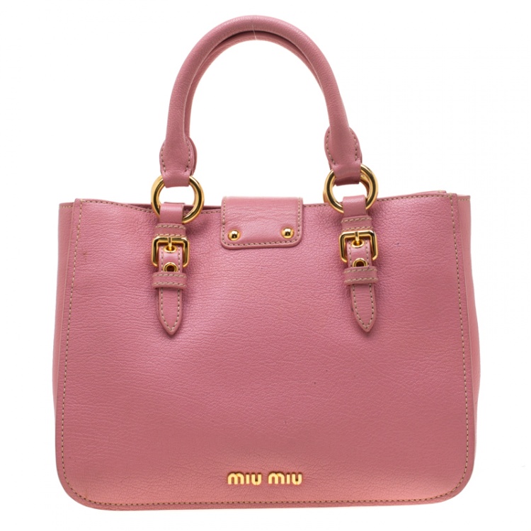 Pre Owned Miu Miu Pink Leather Medium Madras Tote