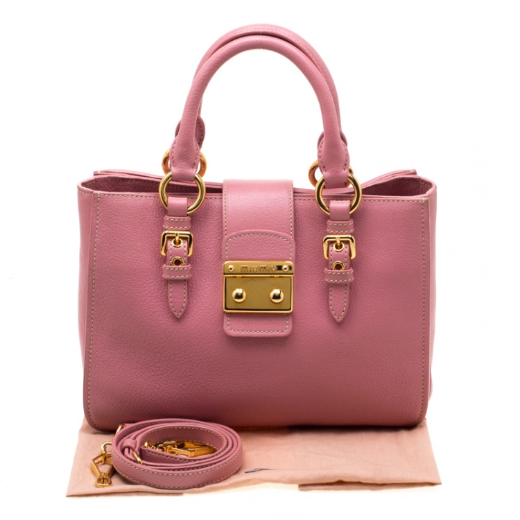 Pre Owned Miu Miu Pink Leather Medium Madras Tote
