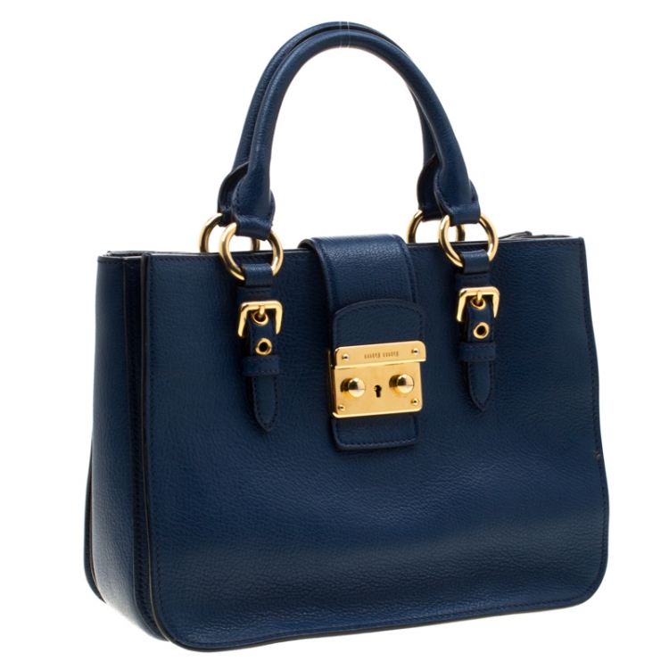مملوكة مسبقًا Miu Miu Royal Blue Leather Madras Top Handle Bag