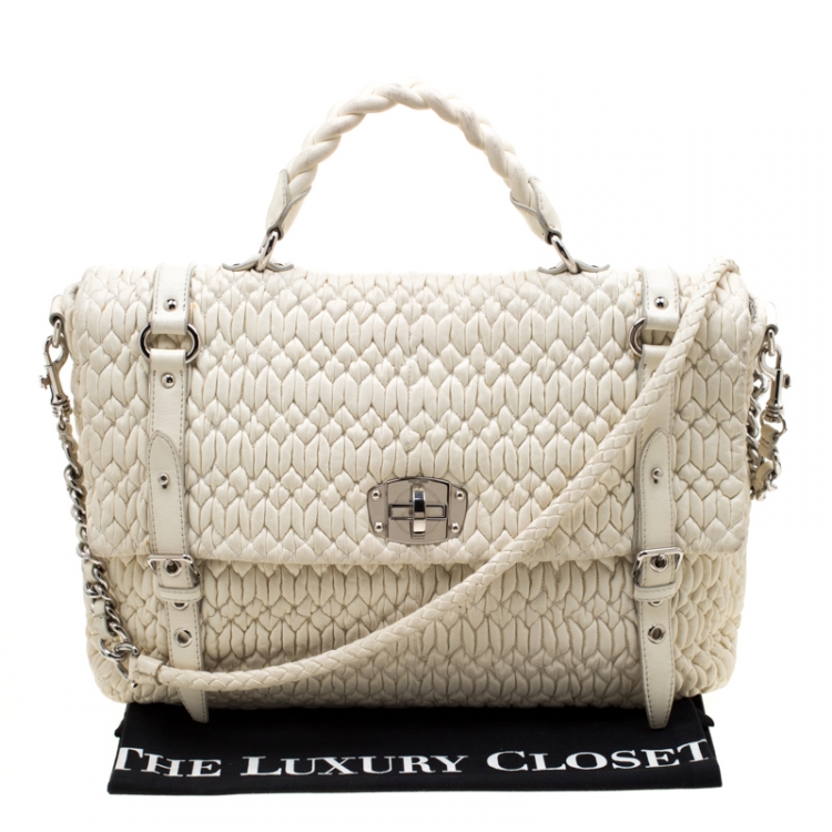 Pre Owned Miu Miu White Matelasse Leather Turn Lock Tote