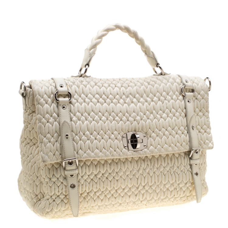 Pre Owned Miu Miu White Matelasse Leather Turn Lock Tote