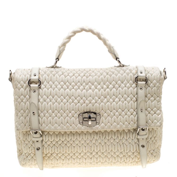Pre Owned Miu Miu White Matelasse Leather Turn Lock Tote