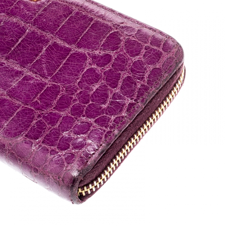 Pre Owned Miu Miu Purple Crocodile Embossed Leather Zip around Wallet