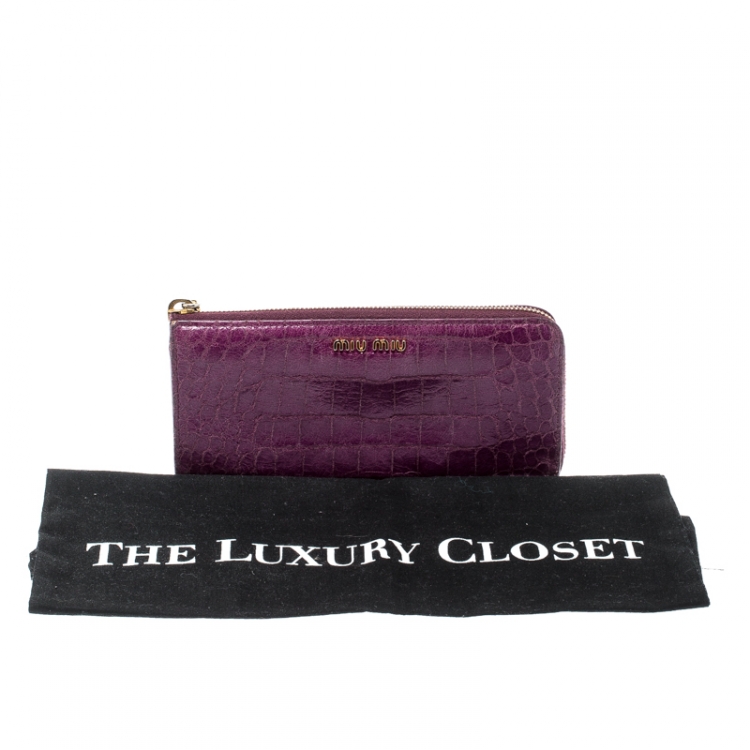 Pre Owned Miu Miu Purple Crocodile Embossed Leather Zip around Wallet