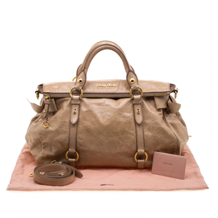 Pre Owned Miu Miu Beige Glazed Leather Bow Tote