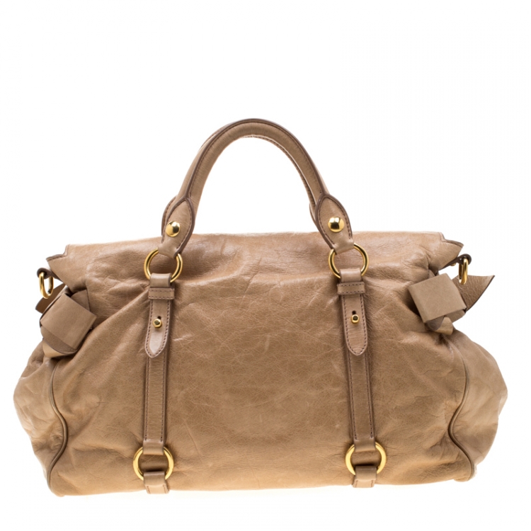Pre Owned Miu Miu Beige Glazed Leather Bow Tote