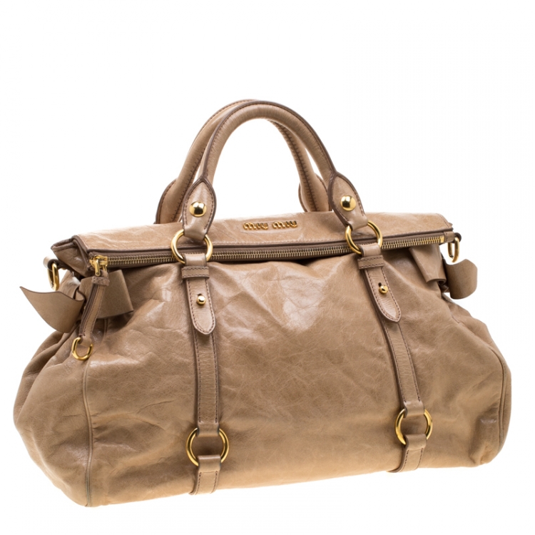 Pre Owned Miu Miu Beige Glazed Leather Bow Tote