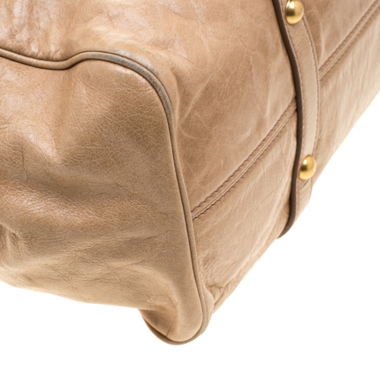 Pre Owned Miu Miu Beige Glazed Leather Bow Tote
