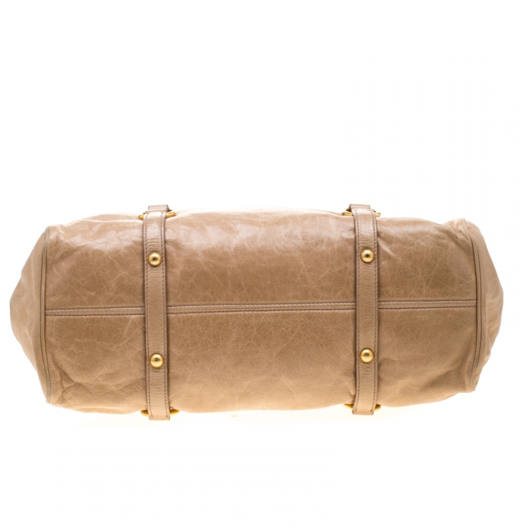 Pre Owned Miu Miu Beige Glazed Leather Bow Tote