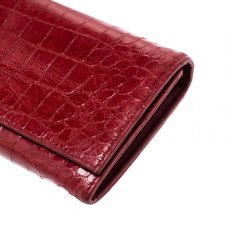 Pre Owned Miu Miu Red Croc Embossed Leather Flap Continental Wallet