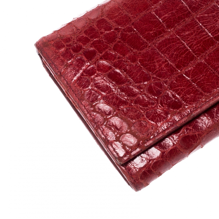 Pre Owned Miu Miu Red Croc Embossed Leather Flap Continental Wallet