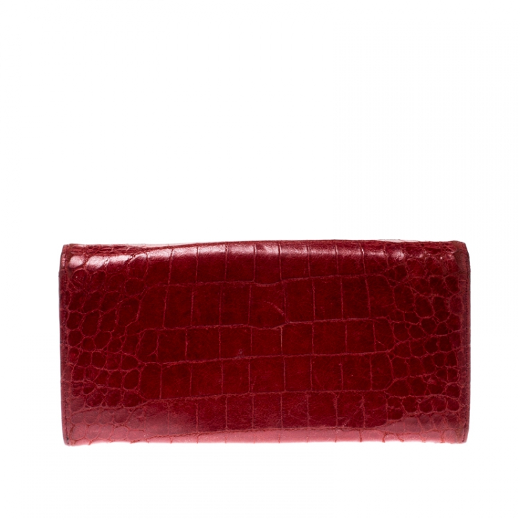 Pre Owned Miu Miu Red Croc Embossed Leather Flap Continental Wallet